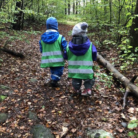 Barn på tur i en skog